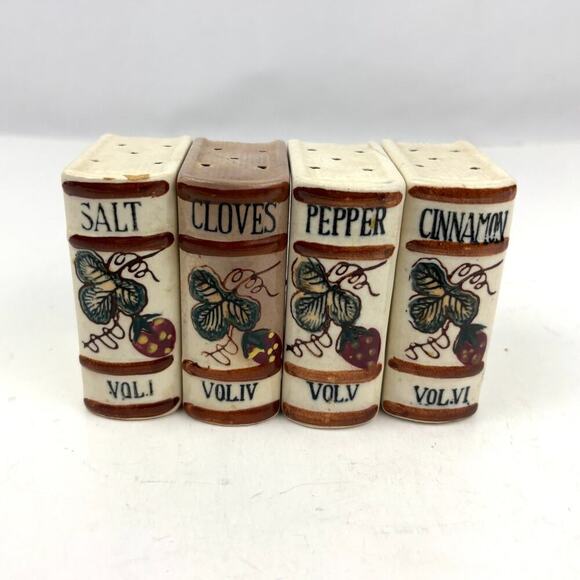 VTG Lot of 4 Porcelain Book Spice Jars Strawberry Vine 1950s JAPAN - Picture 1 of 12
